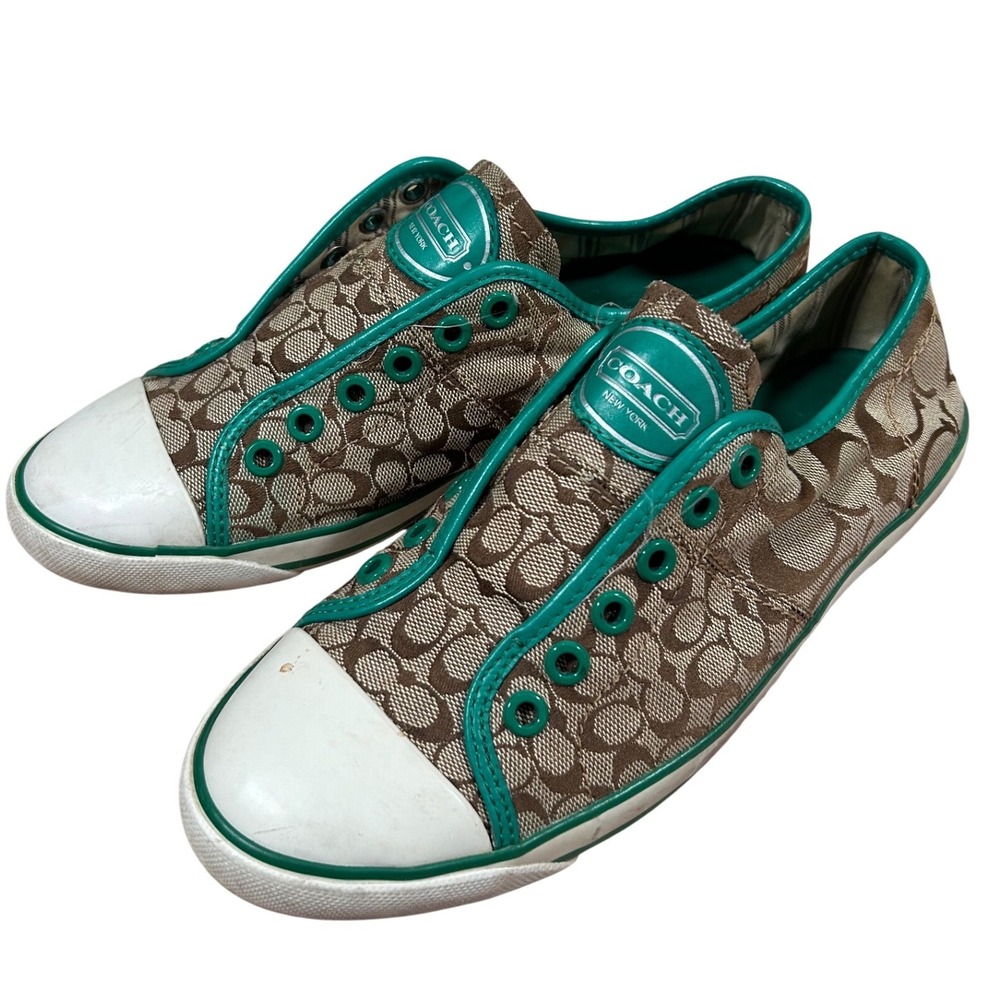 Y2K VTG Coach Signature Jacquard Low Top Sneakers Green Khaki Brown Preppy 8